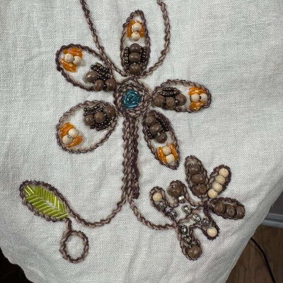 Womens Skirt 10 Cream Linen Blend Floral Beaded Embroidery Lagenlook Boho Spring - Picture 6 of 9